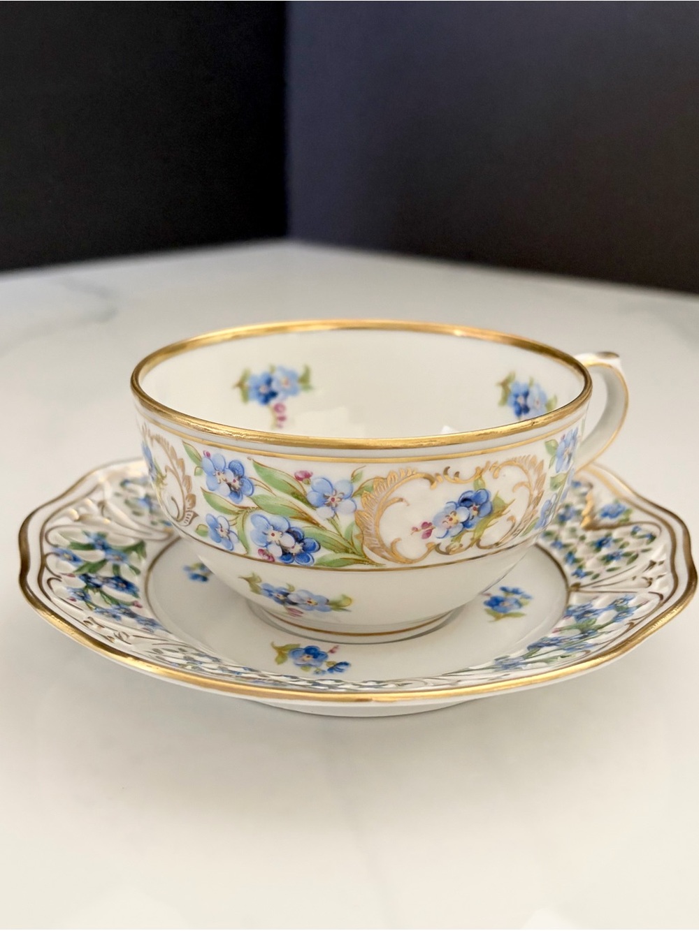 Forget-Me-Not Reticulated Cup & Saucer - Schumann Germany